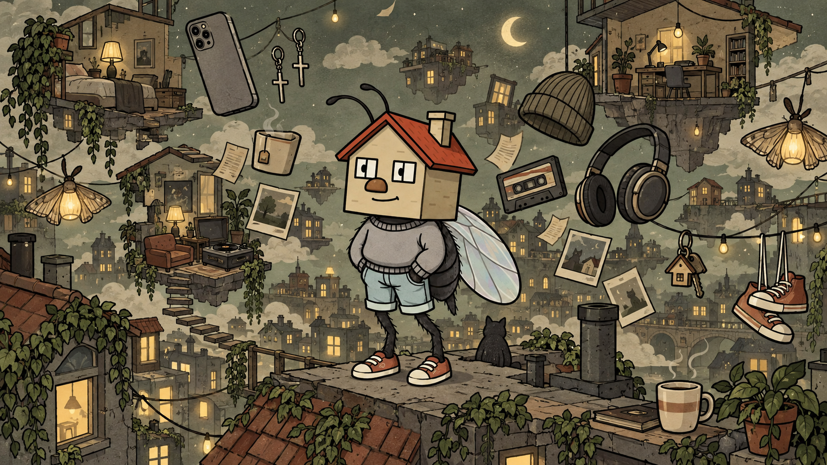 Flybrain on a rooftop inside a floating city of memories